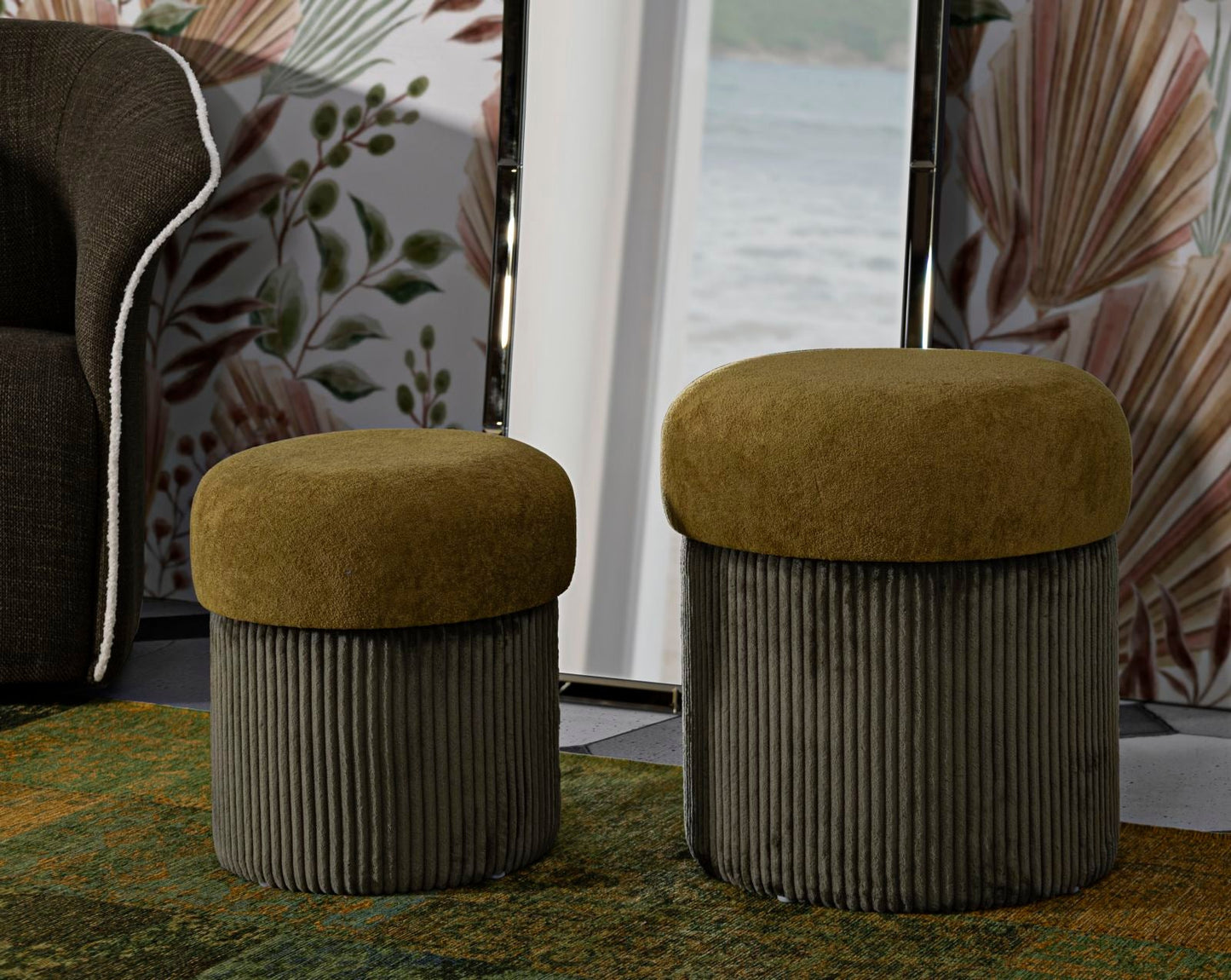 Puff C/Contenitore Aspen Verde Set 2 Pz Ø 42X44-35X37