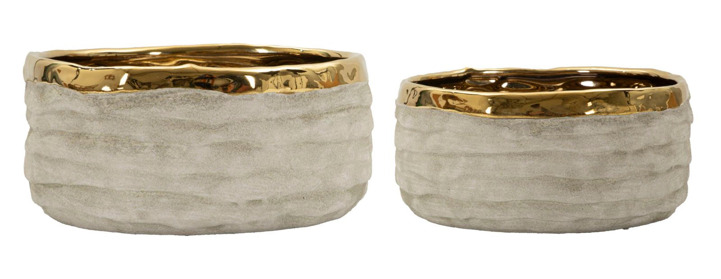 Coppia Cachepot Lima Bassi In Ceramica Con Texture Naturale E Dettagli Dorati 22,5 E 18 Cm Altezza 10,5 E 8,5 Cm