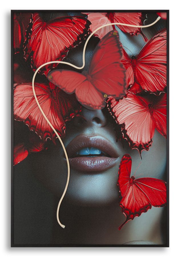 LED-Leinwandbild mit roten erhabenen Schmetterlingen und LED-Beleuchtung, 3D-Effekt Acryl 60 x 3,5 x 90 cm
