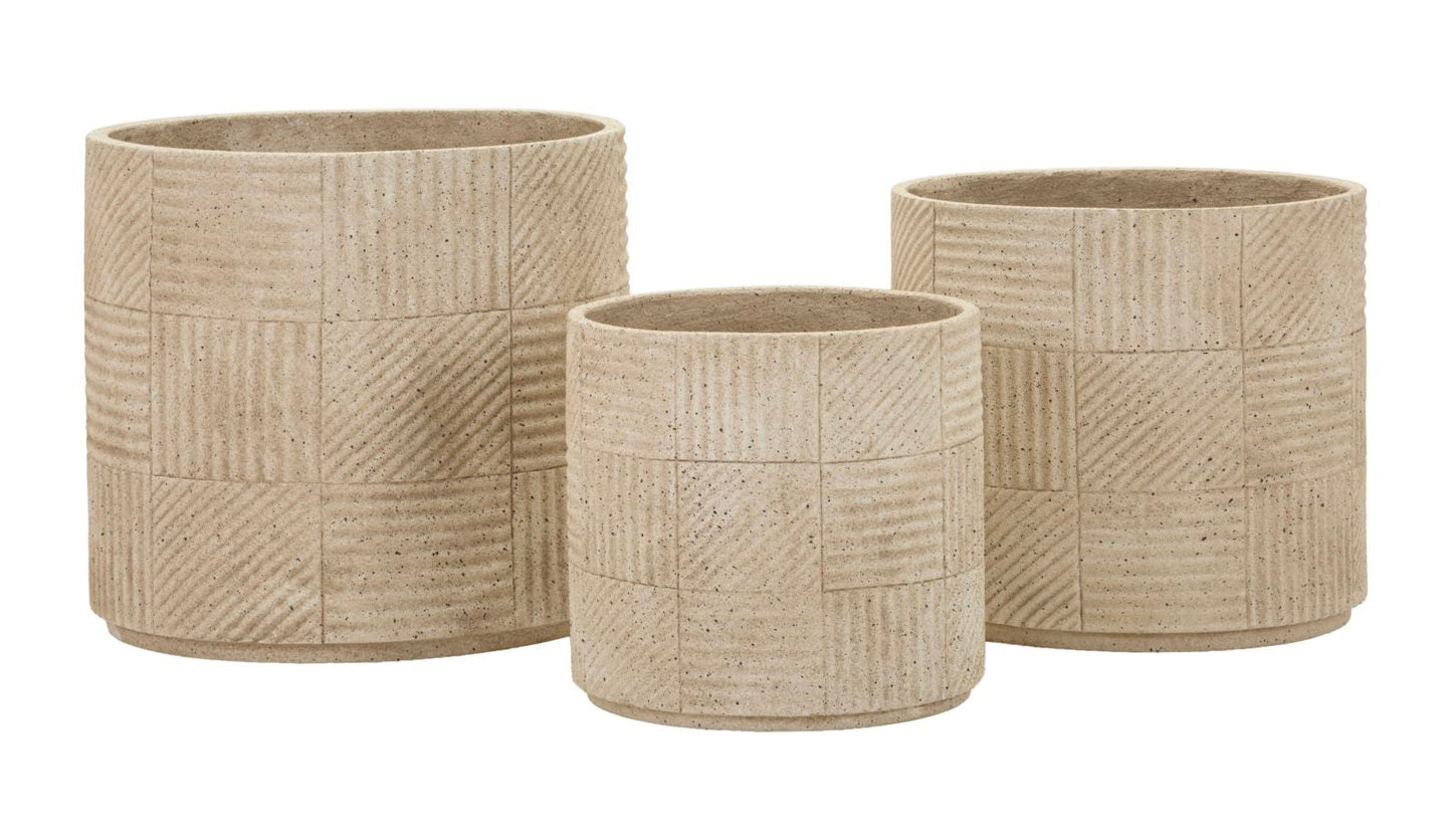 Cachepot Da Esterno Venezuela Tris Set Design Raffinato Con Superfici Incise E Colore Naturale Pietra