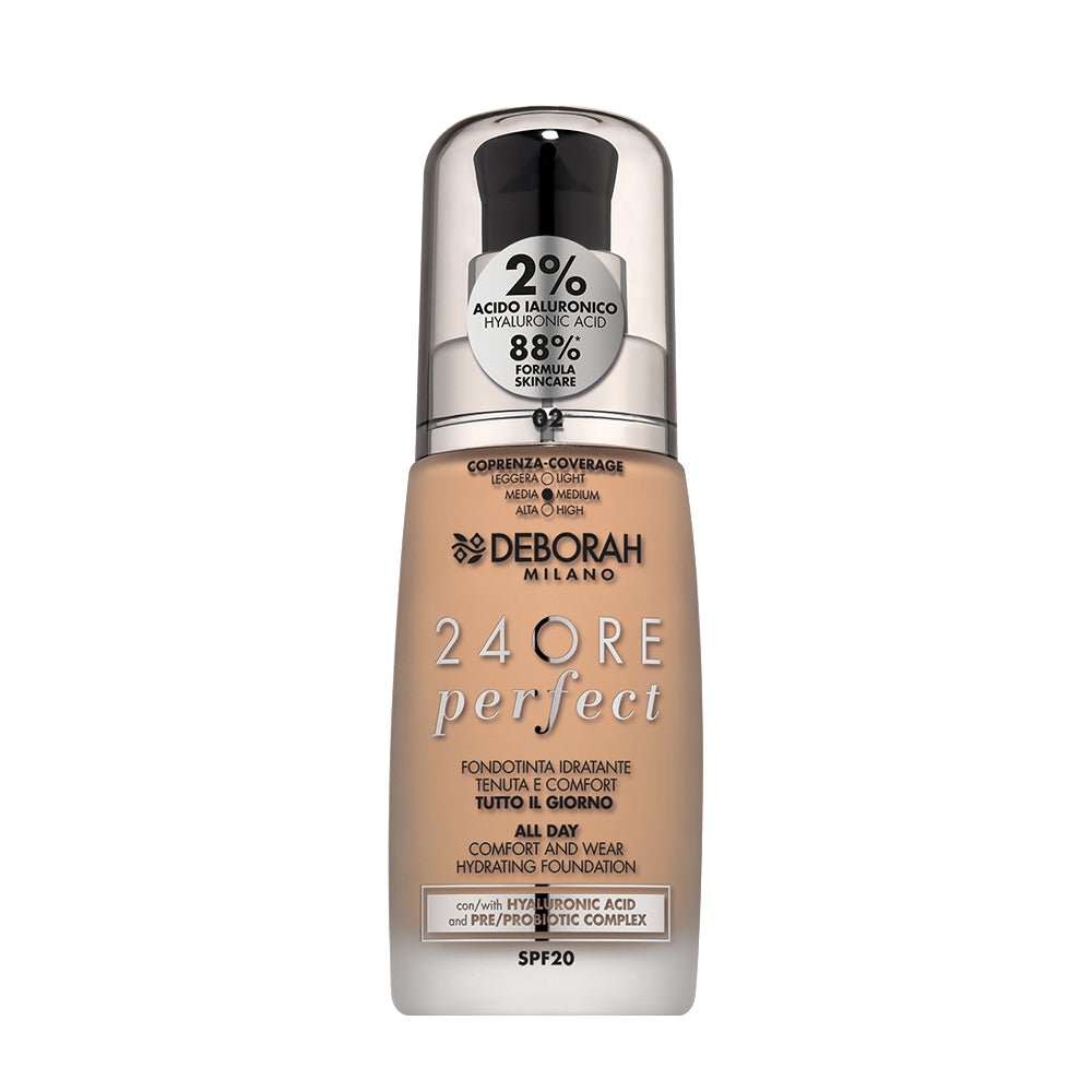 Deborah Milano 24 Ore Perfect Fondotinta Liquido con Acido Ialuronico SPF20 30 ml – Makeup Donna Idratante Lunga Tenuta