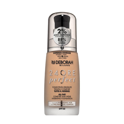 Deborah Milano 24 Ore Perfect Fondotinta Liquido con Acido Ialuronico SPF20 30 ml – Makeup Donna Idratante Lunga Tenuta