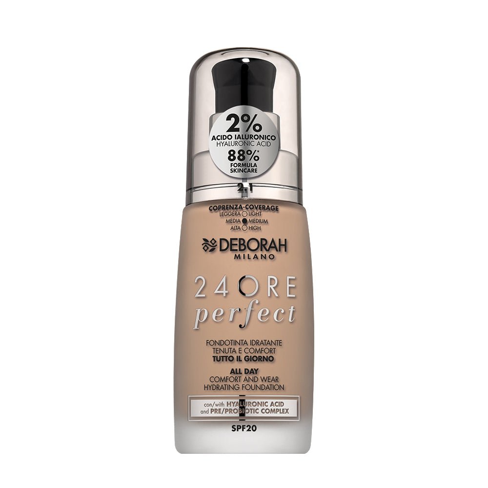 Deborah Milano 24 Ore Perfect Fondotinta Liquido con Acido Ialuronico SPF20 30 ml – Makeup Donna Idratante Lunga Tenuta