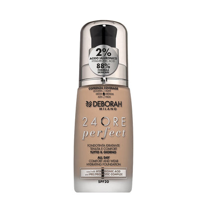 Deborah Milano 24 Ore Perfect Fondotinta Liquido con Acido Ialuronico SPF20 30 ml – Makeup Donna Idratante Lunga Tenuta