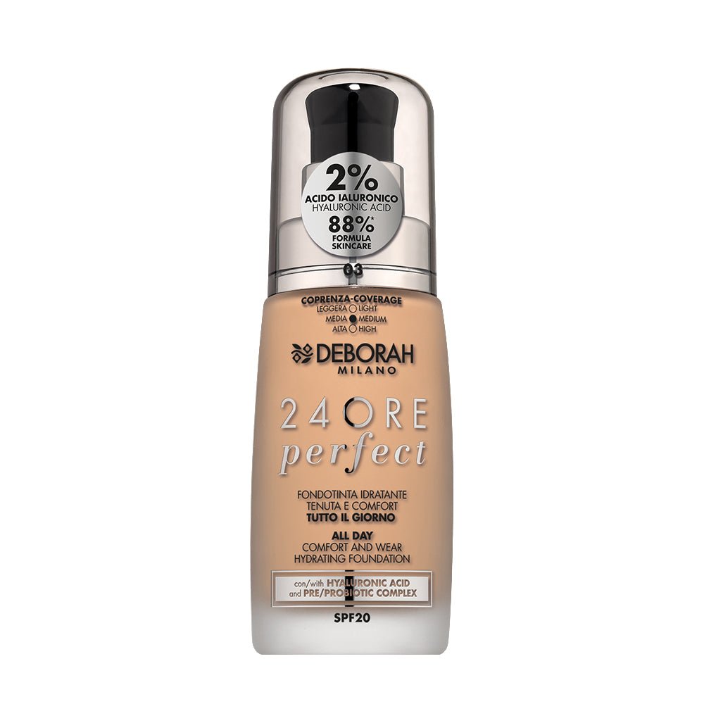 Deborah Milano 24 Ore Perfect Fondotinta Liquido con Acido Ialuronico SPF20 30 ml – Makeup Donna Idratante Lunga Tenuta