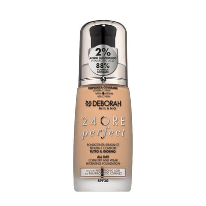 Deborah Milano 24 Ore Perfect Fondotinta Liquido con Acido Ialuronico SPF20 30 ml – Makeup Donna Idratante Lunga Tenuta