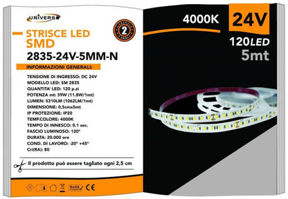 5M LED Streifen 600 LEDs 2835 61W 24V Rolle 5 Meter Doppelseitiges Klebeband Neutralweiß 4000K