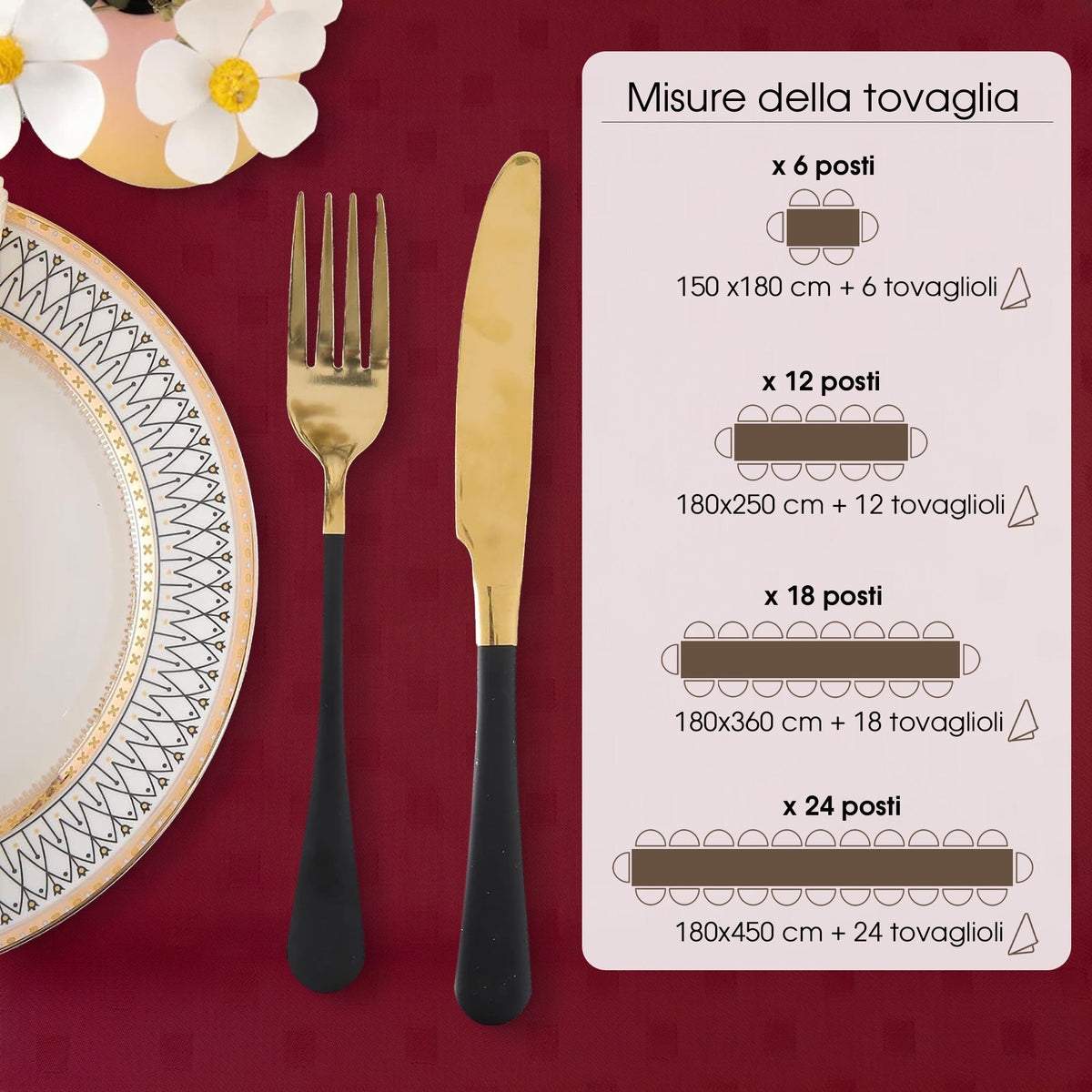 Tovaglia Servizio da Tavola + Tovaglioli 24 Posti Damina in Cotone 0544