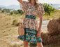 Women's V-neck high-waisted short-sleeved bohemian print dress