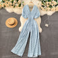 Women's Summer Jumpsuit, V-Neck, Slim High Waist, Wide Leg Jumpsuit