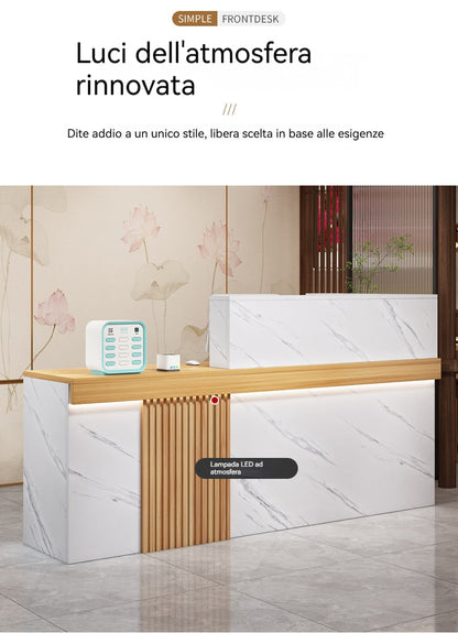 Bancone Reception Moderno in Effetto Marmo con Dettagli in Legno – Design Elegante per Negozio, Studio Estetico 120*110*45