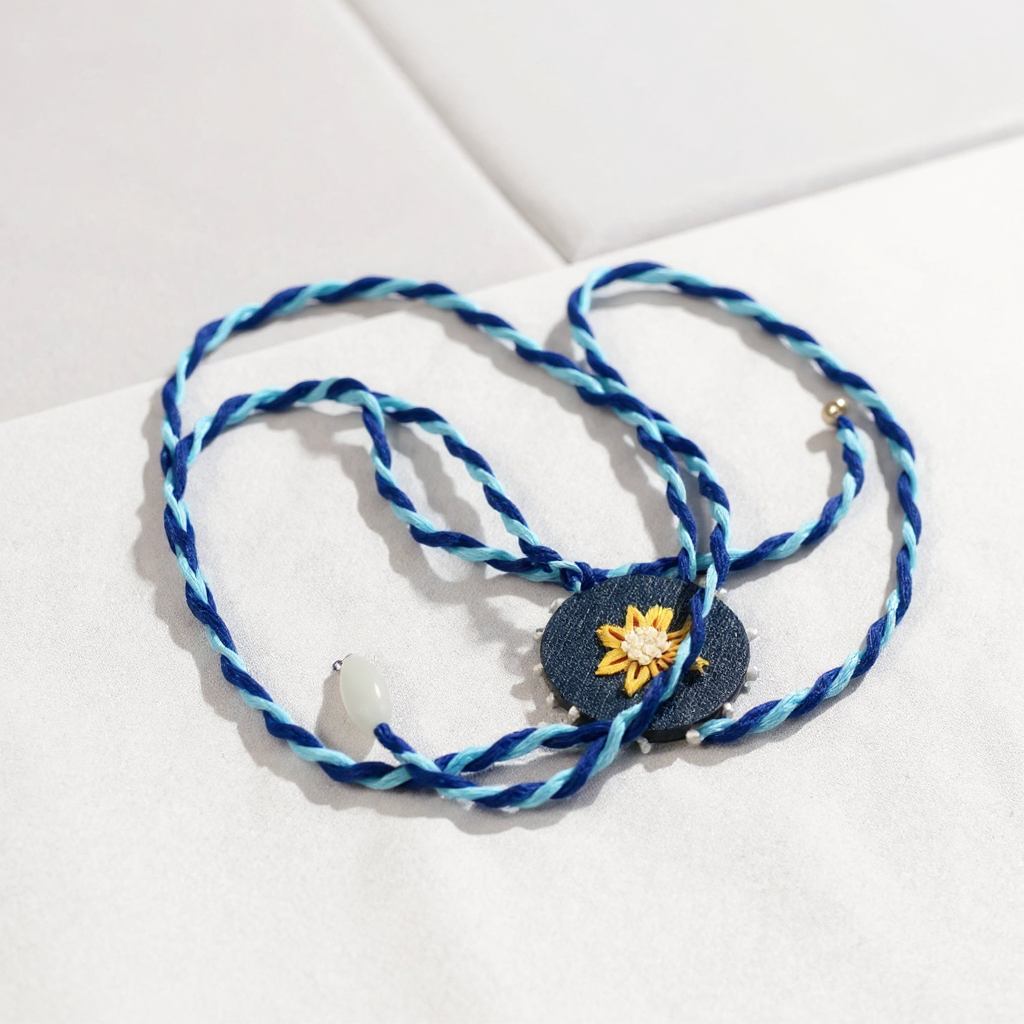 Halskette mit handbesticktem Medaillon 🌼 Blue Denim