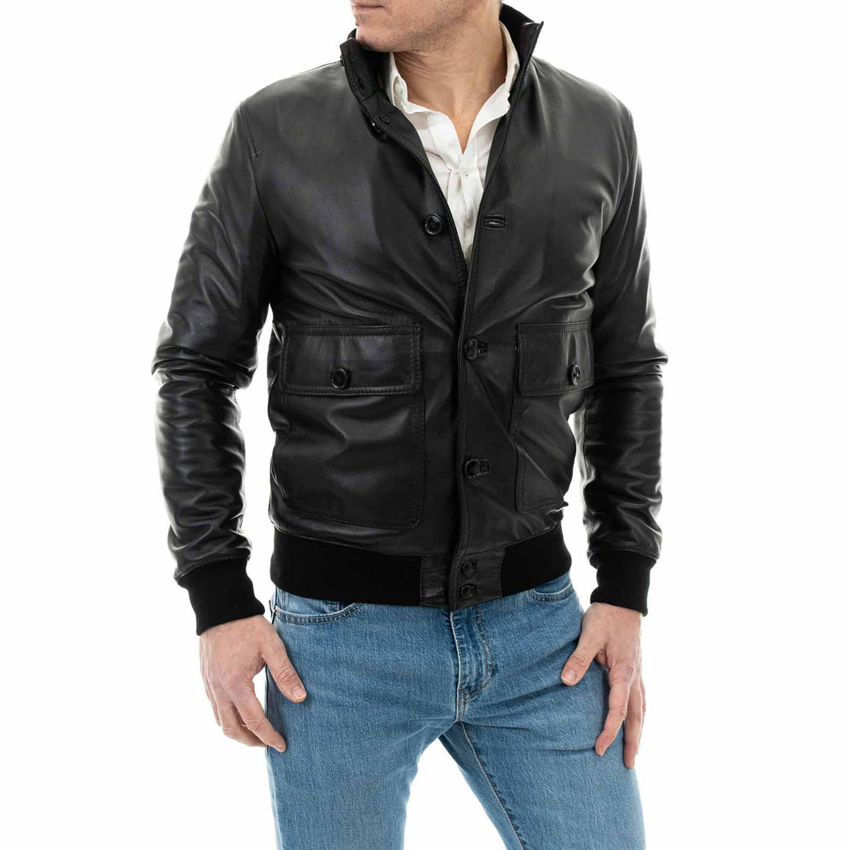 Men's Slim Black Genuine Leather Bomber Jacket with Pockets Rindway