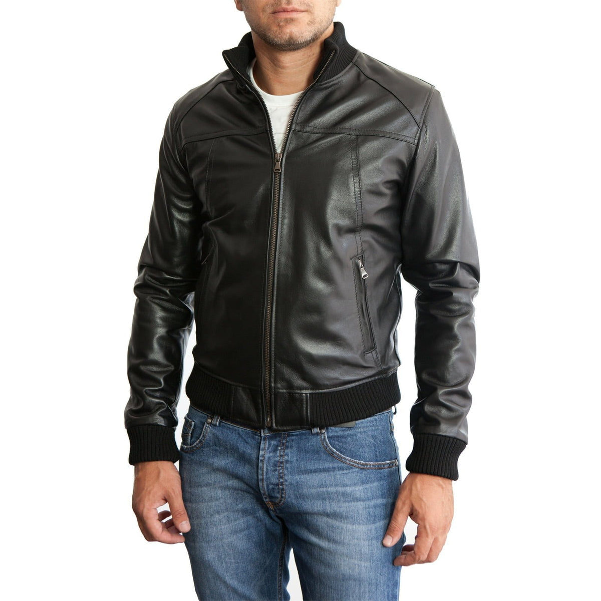 Men's Slim Fit Brown Genuine Leather Bomber Jacket with Front Cuts Rindway