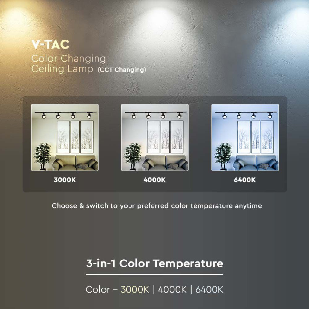 V-Tac LED-Stromschienenstrahler 3-Phasen 30W CCT 3in1 Schwarz COB