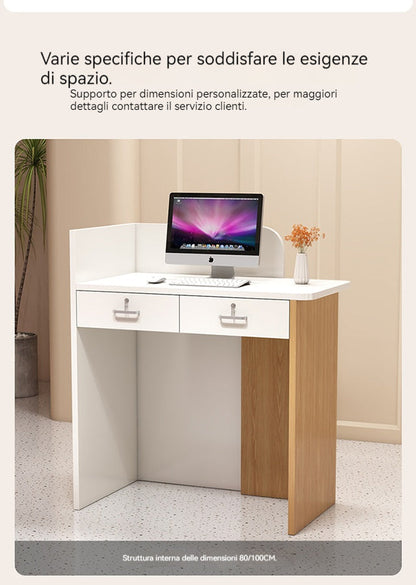 Bancone cassa piccolo e moderno Dotato di luci LED Cassetti con serratura per garantire la sicurezza degli oggetti di valore Ideale per negozi centri estetici e parrucchieri.Color bianco 95*45*100/140