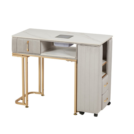 Tavolo per Manicure Professionale per Ricostruzione Unghie e Onicotecnica con 3 cassetti, aspiratore Integrato, Alimentazione Interna e Caricabatterie