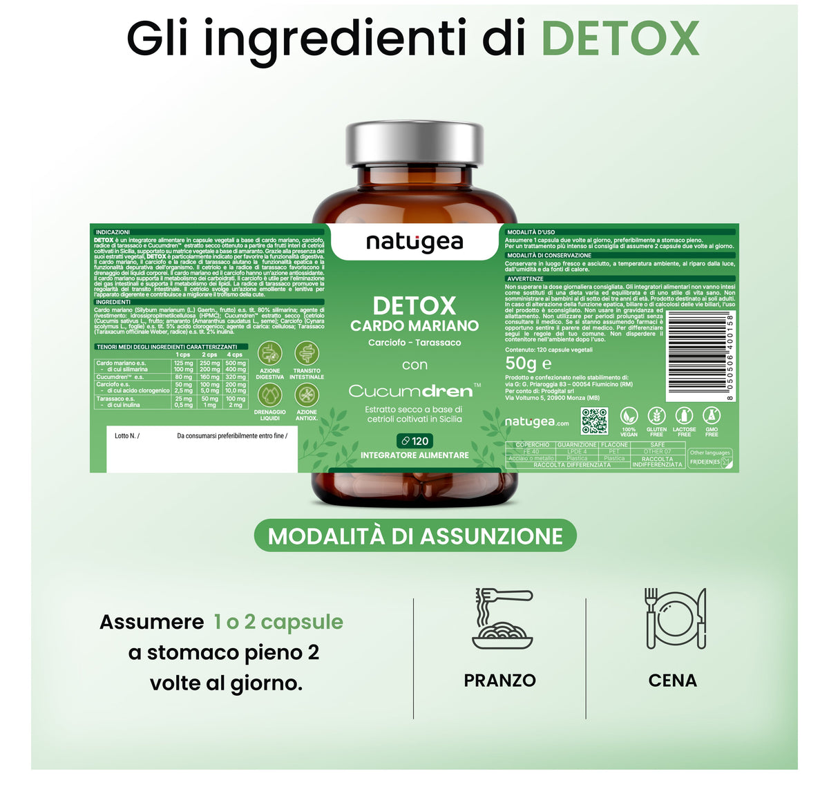Integratore con Cardo Mariano, Carciofo e Tarassaco – Funzione Epatica e Digestiva – Drenaggio Liquidi – 120 Capsule Vegane