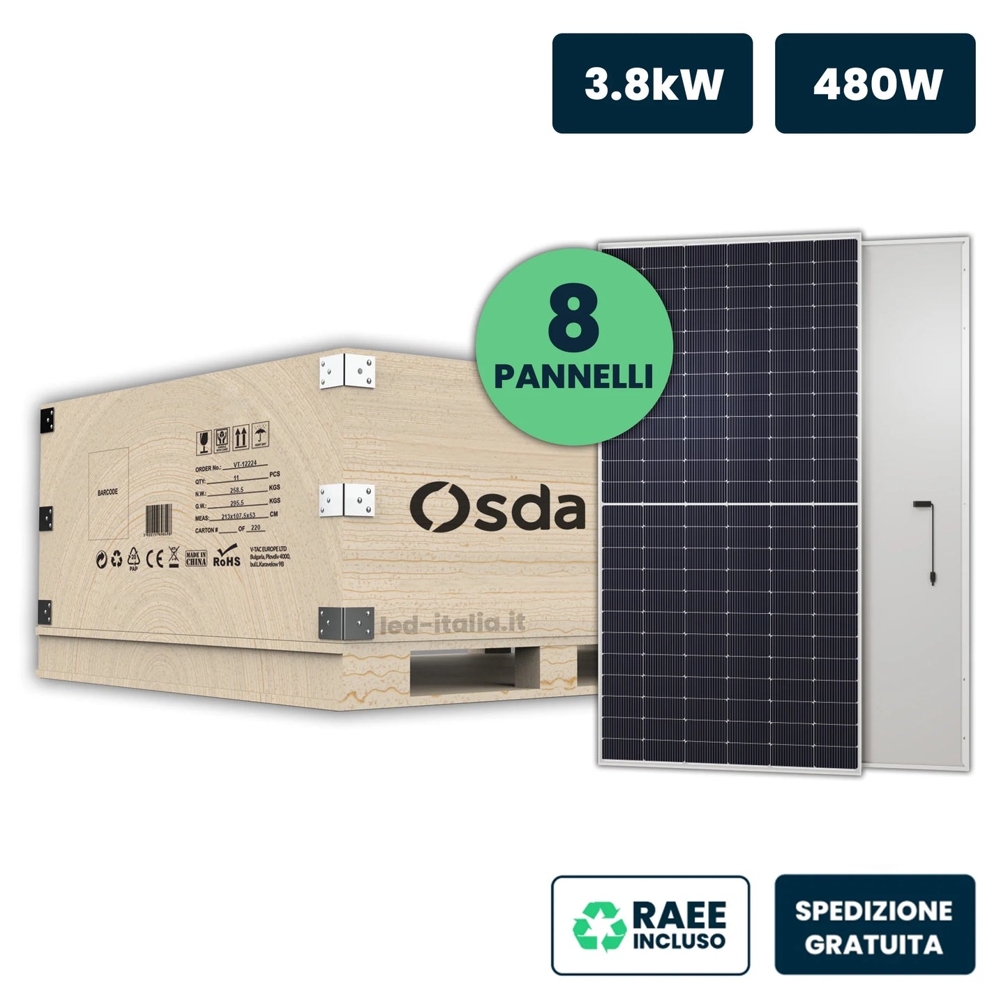 Set Fotovoltaico 3,8 kW con 8 Pannelli 480 W Monocristallini N-Type TOPCon