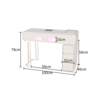 Manikürtisch aus massivem Holz, Cremefarben | Mit Hochleistungsstaubsauger & Induktionslampe zum Trocknen | 100*40*78cm | 4 Schubladen + feste Ablage | Perfekt für Profis