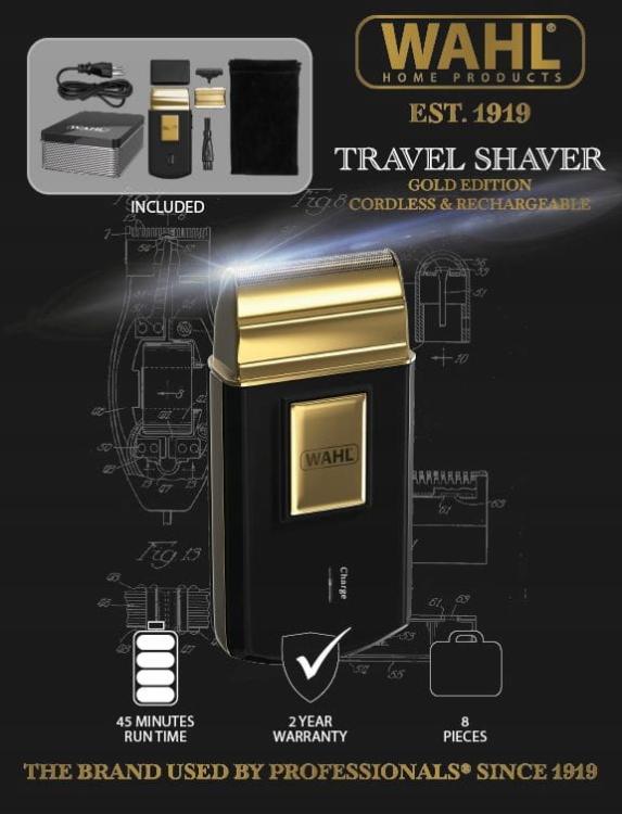 Wahl Bartrasierer Akku Travel Shaver Gold Edition 3615G + Reisezubehör