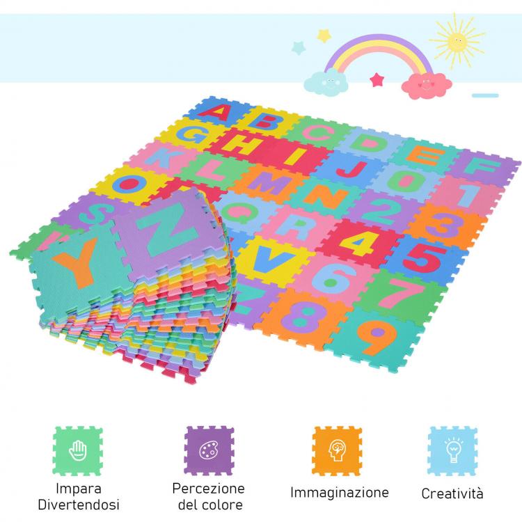 Tappetino Mini Puzzle Bambini 36Pz Da 5Cm Gioco Morbido In Gomma Numeri Alfabeto