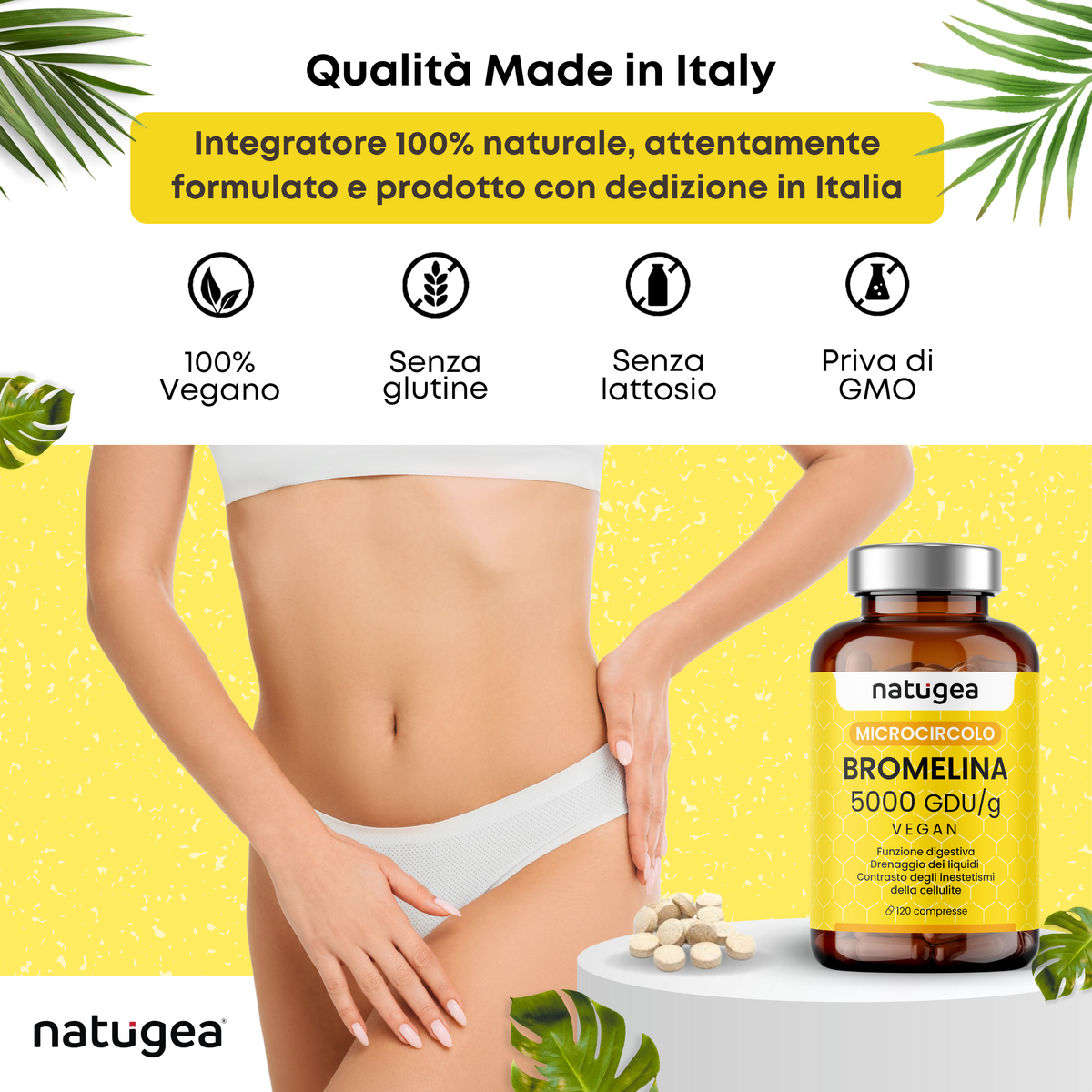 Bromelina 5000 GDU/g da Ananas – Drenaggio Liquidi, Microcircolazione e Cellulite – 120 Compresse Vegane