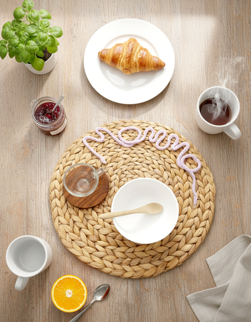Tovaglietta da colazione in giacinto d'acqua con scritta in tricotin