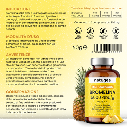 Bromelina 5000 GDU/g da Ananas – Drenaggio Liquidi, Microcircolazione e Cellulite – 120 Compresse Vegane