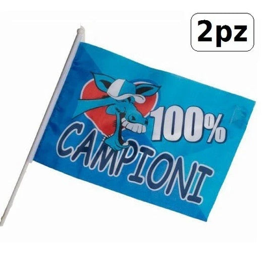 2x Bandiera Con Asta Tifoso Napoli 100% Campioni D'Italia Scudetto Asola 40x60cm