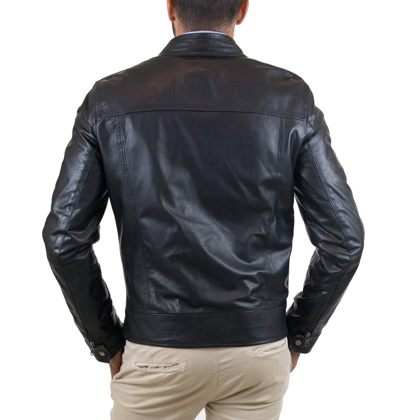 Giacca Biker In Vera Pelle Nera Uomo Slim Cerniera Fino Al Collo Rindway