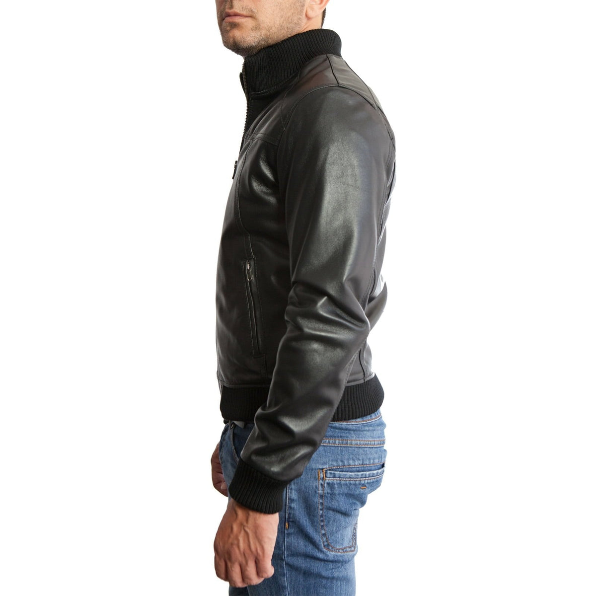 Men's Slim Fit Brown Genuine Leather Bomber Jacket with Front Cuts Rindway