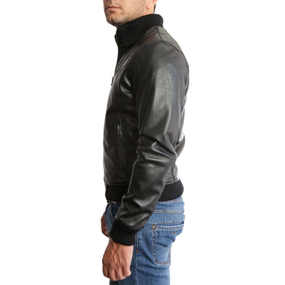 Men's Slim Fit Brown Genuine Leather Bomber Jacket with Front Cuts Rindway