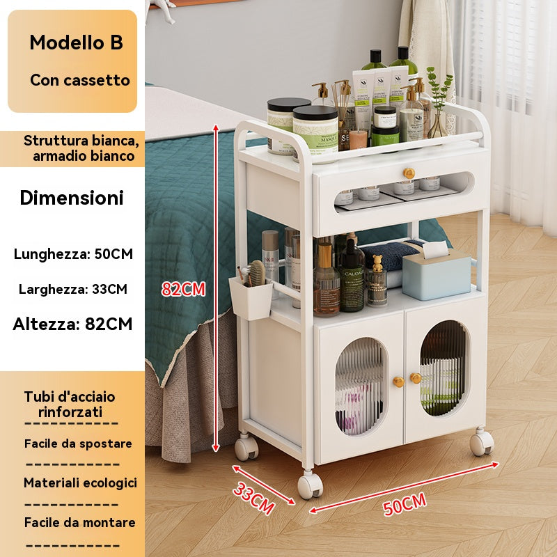 Rollwagen für Schönheitsstudio, mit Rollen und 1 Schublade, 1 durchsichtiges Schränkchen, weißer Rollwagen, Rollwagen für Schönheitssalon, moderner Arbeitswagen für Badezimmer, Wohnzimmer