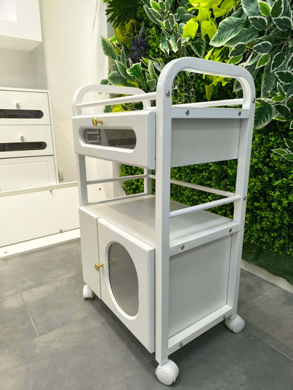 Rollwagen für Schönheitsstudio, mit Rollen und 1 Schublade, 1 durchsichtiges Schränkchen, weißer Rollwagen, Rollwagen für Schönheitssalon, moderner Arbeitswagen für Badezimmer, Wohnzimmer