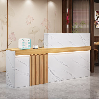 Bancone Reception Moderno in Effetto Marmo con Dettagli in Legno – Design Elegante per Negozio, Studio Estetico 120*110*45