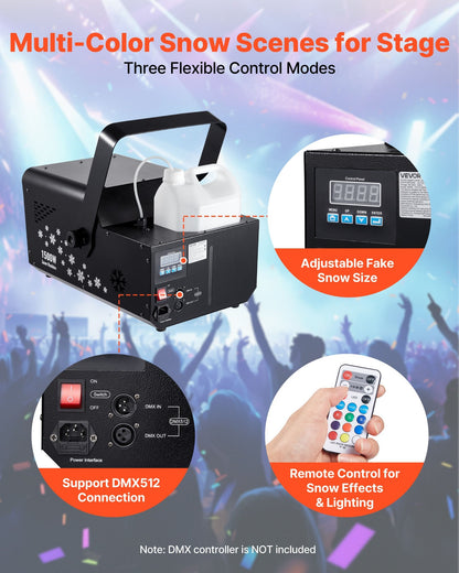 Macchina della neve 1500 W con LED RGB, DMX512 e telecomando