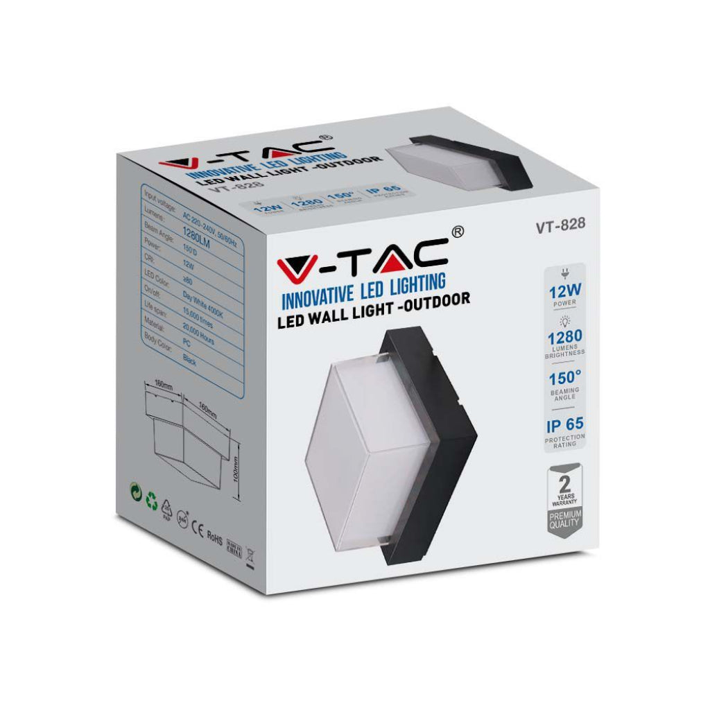 LED Wandleuchte Quadratisch 12W 3000K IP65 Schwarz V-TAC