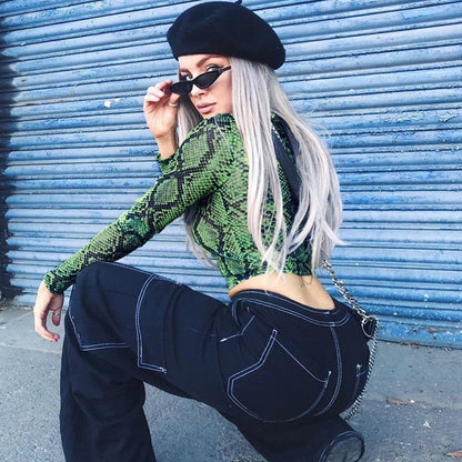 Maglietta casual con stampa serpente verde Maglietta da donna a maniche lunghe in pelle di serpente