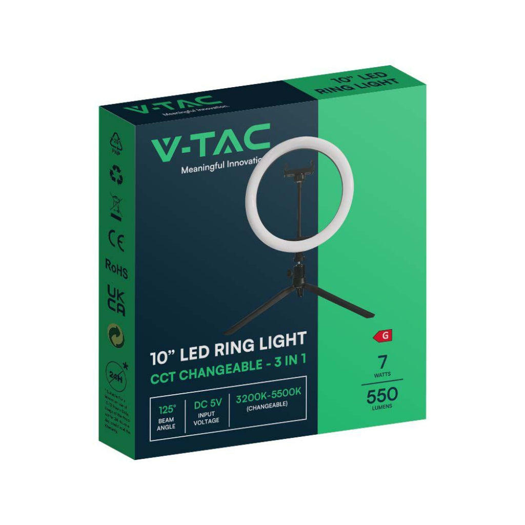 V-Tac Ring Light LED 7W 26cm con Treppiede e Supporto Smartphone