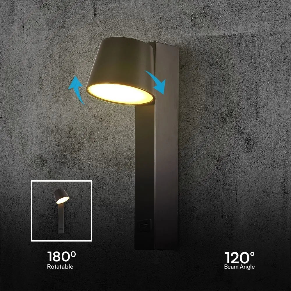 V-TAC LED-Wandleuchte 8 W USB 3000 K Dimmbar – Metall Schwarz
