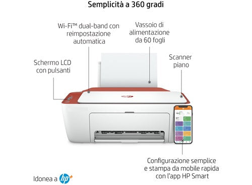 Hp Stampante Multifunzione Deskjet 2723E Inkjet Wifi All In One Bianco/Rosso