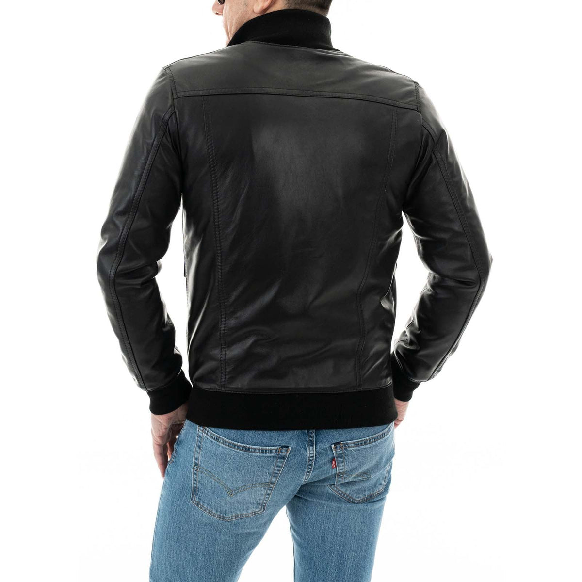 Men's Slim Black Genuine Leather Bomber Jacket with Pockets Rindway