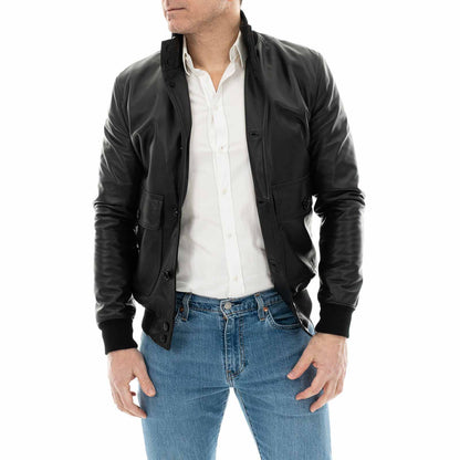 Men's Slim Black Genuine Leather Bomber Jacket with Pockets Rindway