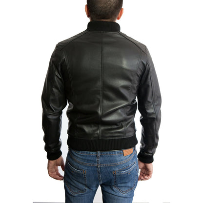 Men's Slim Fit Brown Genuine Leather Bomber Jacket with Front Cuts Rindway