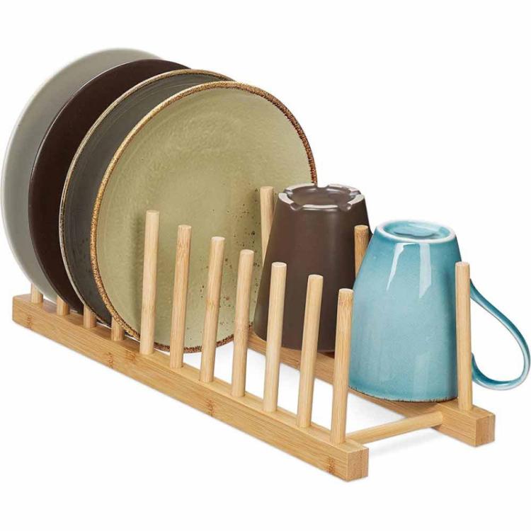 Tellerhalter aus Holz, Gläserständer, Teller-Organizer, 6 Fächer, Abtropfgestell