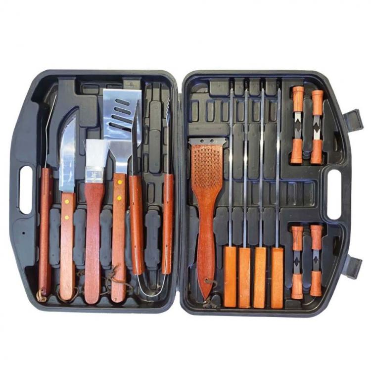 Grillbesteck-Set 18-teilig mit Koffer, BBQ-Utensilien-Set, Holzgriff, Grillbesteck