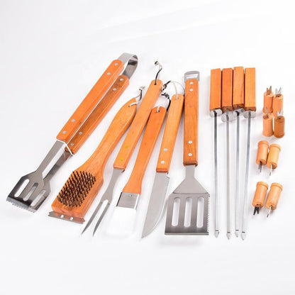 Grillbesteck-Set 18-teilig mit Koffer, BBQ-Utensilien-Set, Holzgriff, Grillbesteck
