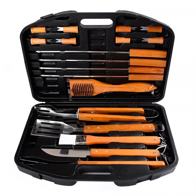 Grillbesteck-Set 18-teilig mit Koffer, BBQ-Utensilien-Set, Holzgriff, Grillbesteck