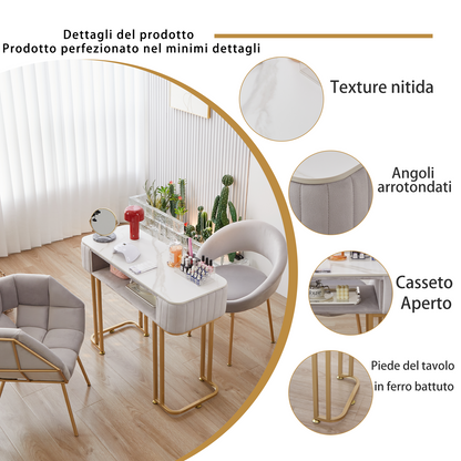 Tavolo per Manicure Semplice Ed Elegante con Piano in Marmo e Struttura in Metallo - Dimensioni Singolo 100x40x78 cm Doppio 160x40x78 cm